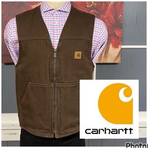 Vintage Carhartt Rugged Vest Blanket Lined Mens Sz Large Full Zip Brown